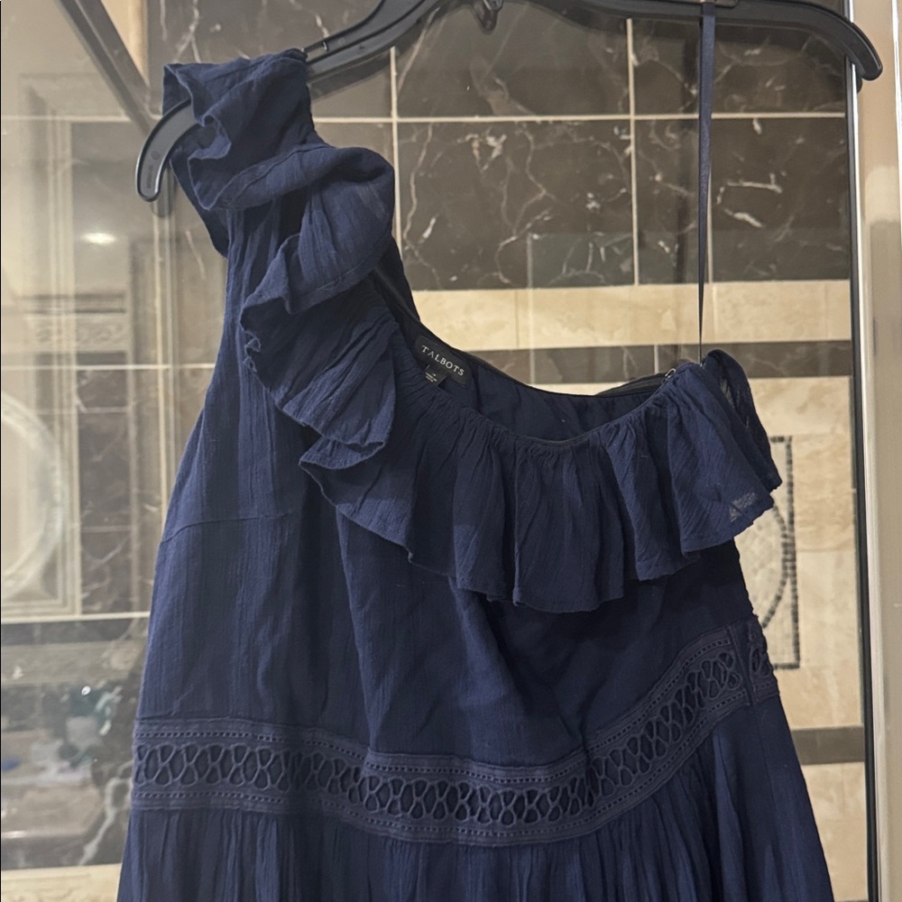 Talbots Navy Blue One-Shoulder Ruffle Maxi Dress - Picture 2 of 3